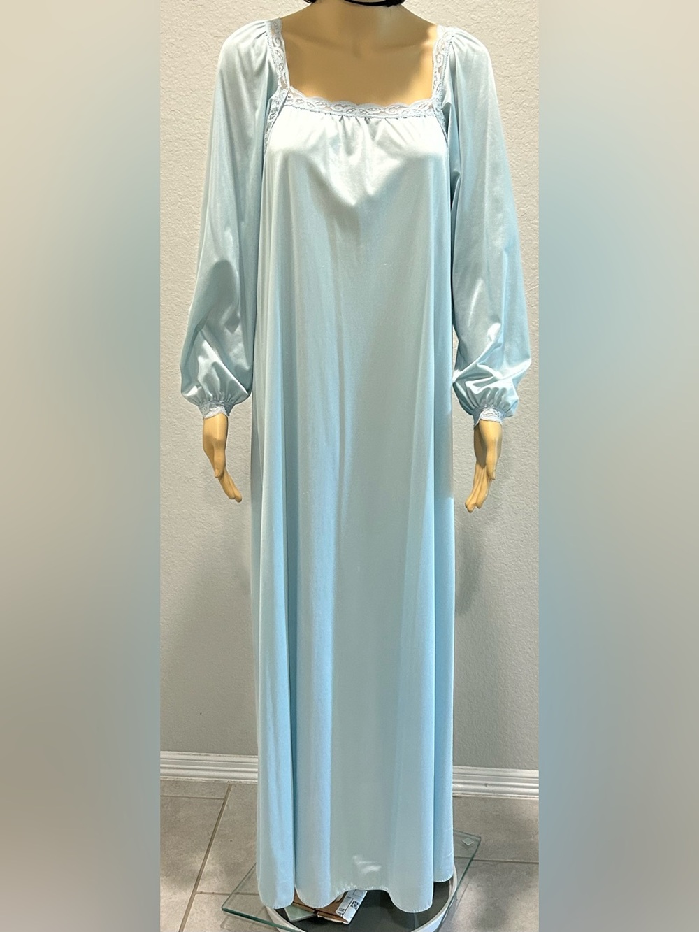 Olga Pale Blue Long Nightgown with Lace Trim